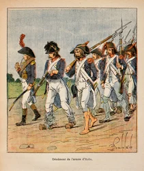 Illustration af Bombled Louis (1862-1927) fra bogen "The Memorial of Saint Helene" af Grev Emmanuel de Las Cases (1766-1842): Denuation of the Armee of Italy, Private Collection