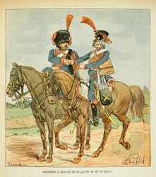 Illustration af Bombled Louis (1862-1927) fra bogen "The Memorial of Saint Helene" af Grev Emmanuel de Las Cases (1766-1842): Artillery a horse of the Guard and the Line, Private Collection