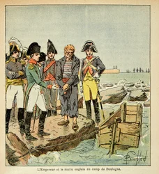 Illustration af Bombled Louis (1862-1927) fra bogen "The Memorial of Saint Helene" af Grev Emmanuel de Las Cases (1766-1842): En engelsk sømand, der søger at slutte sig til sit land befriet af kejseren i Boulognes lejr, menig Kollektion