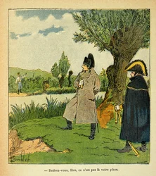 Illustration af Bombled Louis (1862-1927) fra bogen "The Memorial of St. Helene" af Grev Emmanuel de Las Cases (1766-1842): På øen Laubo under slaget ved Esling, tager Napoleon risici, en østrigsk officer opfordrer kejseren "" Withdr
