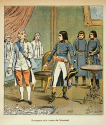 Illustration af Bombled Louis (1862-1927) fra bogen "The Memorial of St. Helene" af Grev Emmanuel de Las Cases (1766-1842): Interview mellem Bonaparte og grev Louis Cobenzl, Østrigs kansler under handelen med Campo Formio, Privat samling