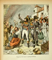 Illustration af Bombled Louis (1862-1927) fra bogen "The Memorial of St. Helene" af Grev Emmanuel de Las Cases (1766-1842): Bonaparte ophører med plyndringen af Rom, Privatsamling