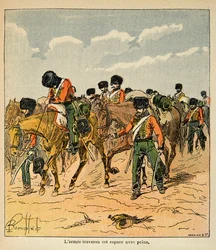 Illustration af Bombled Louis (1862-1927) fra bogen "The Memorial of St. Helene" af Grev Emmanuel de Las Cases (1766-1842): Den kejserlige hær krydser med besvær de russiske sletter før Moskva, Privatsamling
