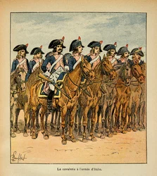 Illustration af Bombled Louis (1862-1927) fra bogen "The Memorial of St. Helene" af Grev Emmanuel de Las Cases (1766-1842): Kavaleri med Armee of Italy, Privat Samling