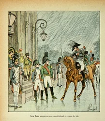 Illustration af Bombled Louis (1862-1927) fra bogen "The Memorial of St. Helene" af Grev Emmanuel de Las Cases (1766-1842): Kejser Napoleon, Konge af Preussen og Zar Alexander I (1777-1825) ved Tilsitt Traktat i 1807, Privat Samling