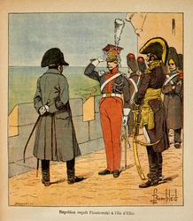 Illustration af Bombled Louis (1862-1927) fra bogen "The Memorial of St. Helene" af Grev Emmanuel de Las Cases (1766-1842): Kejser Napoleon modtager Marechal Poniatowski på Elba Island, Privat Samling
