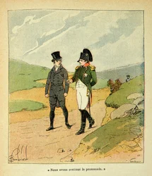 Illustration af Bombled Louis (1862-1927) fra bogen "The memorial se Sainte Helene" af Grev Emmanuel de Las Cases (1766-1842): Las Cases et Napoleon a Ste Helene, Privat Samling