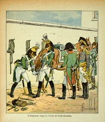 Illustration af Bombled Louis (1862-1927) fra bogen "The memorial se Sainte Helene" af grev Emmanuel de Las Cases (1766-1842): Kejser Napoleon inspicerer Saint Germains skole, privatsamling