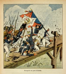 Illustration af Bombled Louis (1862-1927) fra bogen "The memorial se Sainte Helene" af grev Emmanuel de Las Cases (1766-1842): Bonaparte ved broen af Arcole, privat samling