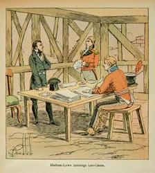 Illustration af bombede Louis (1862-1927) fra grev Emmanuel de Las Cases (1766-1842): Guvernør Hudson Lowe (1769-1844) stiller spørgsmålstegn ved Las Cases, privat samling