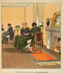 Illustration af den bombede Louis (1862-1927) fra bogen "The Memorial of Saint Helene" af grev Emmanuel de Las Cases (1766-1842): Napoleon og stormarechal Henri Gatien Bertrand (1773-1844) spiller skak i august 1816 på Ste Helene, Privat Samling