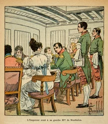 Illustration af den bombede Louis (1862-1927) fra bogen "The Memorial of Saint Helene" af grev Emmanuel de Las Cases (1766-1842): Middag for kejser Napoleon om bord på Northumberland på vej til St. Helene med fru De Montholon på venstre hånd, menig