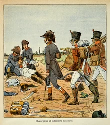 Illustration af den bombede Louis (1862-1927) fra bogen "The Memorial of Saint Helene" af grev Emmanuel de Las Cases (1766-1842): Portræt af militærkirurger og sygeplejersker fra Great Armee, privat samling