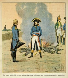 Illustration af den bombede Louis (1862-1927) fra bogen "The Memorial of Saint Helene" af grev Emmanuel de Las Cases (1766-1842): første møde mellem Bonaparte og marechal Henri Gatien Bertrand (1773-1844), daværende åndens officer i Italiens hær