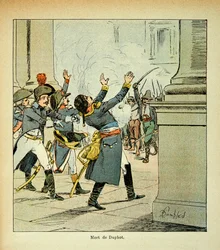Illustration af Louis Bombled (1862-1927) fra bogen “Mindesmærket fra Sankt Helena” af grev Emmanuel de Las Cases (1766-1842): mordet på general Léonard Duphot (1769-1797) i Rom i 1797, privat samling