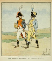 Illustration af den bombede Louis (1862-1927) fra bogen "The Memorial of Saint Helene" af grev Emmanuel de Las Cases (1766-1842): Imperial Guard: Musicians of the 1st and 2nd regiment of grenadiers, Private Collection