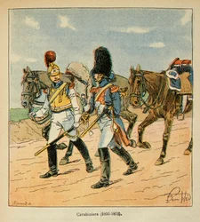 Illustration af den bombede Louis (1862-1927) fra bogen "The Memorial of Saint Helene" af grev Emmanuel de Las Cases (1766-1842): Carabiniiers (1806 - 1812), privat samling