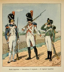 Illustration af den bombede Louis (1862-1927) fra bogen "The Memorial of Saint Helene" af Grev Emmanuel de Las Cases (1766-1842): Garde Imperiale; Grenader af 1. regiment; elever af 2. regiment, Privatsamling