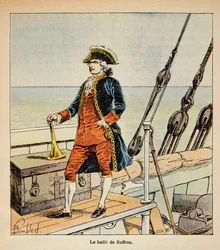 Illustration af den bombede Louis (1862-1927) fra bogen "The Memorial of Saint Helene" af grev Emmanuel de Las Cases (1766-1842): Portræt af Pierre Andre de Suffren (1729 - 1788), kendt som fogeden af Suffren, Viceadmiral, privat samling