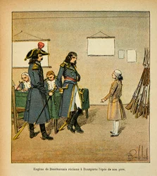 Illustration af den bombede Louis (1862-1927) fra bogen "The Memorial of Saint Helene" af grev Emmanuel de Las Cases (1766-1842): Eugene de Beauharnais (1781-1824) gør krav på sin fars sværd i Bonaparte, privat samling