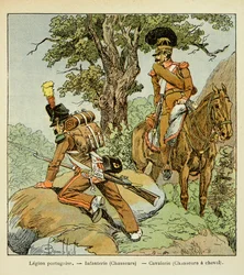 Illustration af den bombede Louis (1862-1927) fra bogen "The Memorial of Saint Helene" af grev Emmanuel de Las Cases (1766-1842): Portugisisk legion: Infanteri (jægere) og kavaleri (jægere til hest), Privat samling