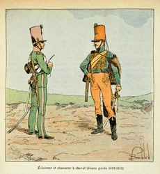 Illustration af bombede Louis (1862-1927) fra bogen "The Memorial of Saint Helene" af Grev Emmanuel de Las Cases (1766-1842): Armee Francaise: Spejder og jæger af den unge garde 1813 - 1815, Privat samling