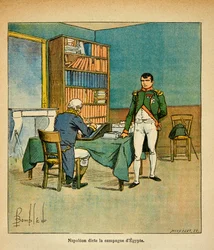 Illustration af den bombede Louis (1862-1927) fra bogen "The Memorial of Saint Helene" af grev Emmanuel de Las Cases (1766-1842): I eksil dikterer kejser Napoleon sine mindesmærker for den store marechal Henri Gatien Bertrand (1773-1844) ) på den egyptiske