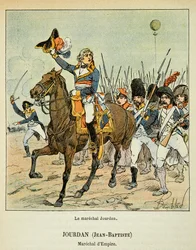 Illustration af den bombede Louis (1862-1927) fra bogen "The Memorial of Saint Helene" af grev Emmanuel de Las Cases (1766-1842): Marechal Jean Baptiste Jourdan (1762-1833) i spidsen for sine tropper, privat samling
