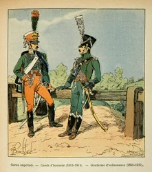 Illustration af den bombede Louis (1862-1927) fra bogen "The Memorial of Saint Helene" af grev Emmanuel de Las Cases (1766-1842): Den kejserlige garde: æresvagt (1813 - 1814) og ordenskonstabel (1806 - 1807), Privat Samling