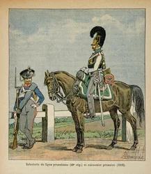 Illustration af den bombede Louis (1862-1927) fra bogen "The Memorial of Saint Helene" af grev Emmanuel de Las Cases (1766-1842): Infanteri af den preussiske linje (42, eme regiment) og preussiske slagskibe