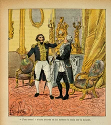 Illustration af den bombede Louis (1862-1927) fra bogen "The Memorial of Saint Helene" af grev Emmanuel de Las Cases (1766-1842): Talleyrand (1754-1838) mod Denis Decres (1761-1820) Privat samling