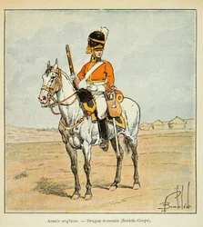 Illustration af den bombede Louis (1862-1927) fra bogen "The Memorial of Saint Helene" af grev Emmanuel de Las Cases (1766-1842): Engelsk Armee: Scottish Dragons (scotch greys), privat samling