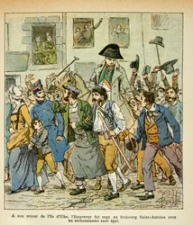 Illustration af den bombede Louis (1862-1927) fra bogen "The Memorial of Saint Helene" af grev Emmanuel de Las Cases (1766-1842): Da han vendte tilbage fra Elba, blev kejseren modtaget i faubourg Saint Antoine med enestående entusiasme, Særlige Collec