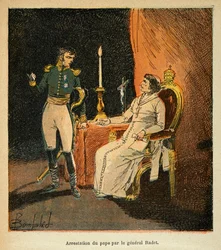 Illustration af den bombede Louis (1862-1927) fra bogen "The Memorial of Saint Helene" af grev Emmanuel de Las Cases (1766-1842): arrestation af pave Pius VII af general Stephen Radet (1762-1825) i 1809, privat samling