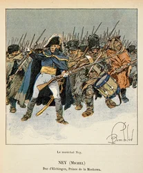 Illustration af den bombede Louis (1862-1927) fra bogen "The Memorial of St. Helene" af grev Emmanuel de Las Cases (1766-1842): Portræt af marechal Michel Ney (1769-1815), hertug af Elchingen, prins af Moskova , under Ruslands tilbagetog, Private Collec