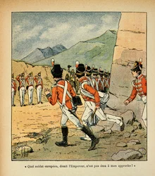 Illustration af den bombede Louis (1862-1927) fra bogen "The Memorial of St. Helene" af Grev Emmanuel de Las Cases (1766-1842): Kejser Napoleon hilser ved Sankt Helenes garnison, Privatsamling