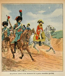 Illustration af den bombede Louis (1862-1927) fra bogen "The Memorial se Sainte Helene" af grev Emmanuel de Las Cases (1766-1842): Konsulgardens første konsul og jægere, privat samling