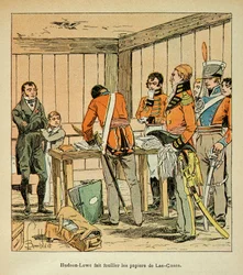 Illustration af den bombede Louis (1862-1927) fra bogen "The memorial se Sainte Helene" af grev Emmanuel de Las Cases (1766-1842): Hudson Lowe (1769-1844) søger i papirerne fra Las Cases, privat samling