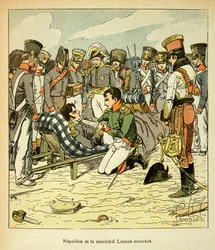 Illustration af Bombled Louis (1862-1927) fra bogen "The memorial se Sainte Helene" af grev Emmanuel de Las Cases (1766-1842): Død af Marskal Jean Lannes (1769-1809), Kejser Napoleon har sine cotes, Private Collection