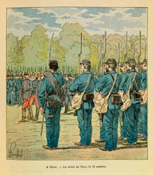 „Østhæren“ af Eugène Sergeant, kaldet Grenest, illustreret af Louis Bombled (1862-1927) (den fransk-tyske krig; felttoget 1870-1871): I Dijon, Nationalgardens magasin i parken den 19. oktober