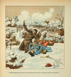 The Armee of the Loire af Eugene Sergeant, dit Grenest, illustreret af Louis Bombled (1862-1927) (fransk-tyske krig; kampagne 1870 -1871): Abbe Fouqueray, bror til en pavelig Zouave, bliver dræbt på liget af kaptajn Bellevue, Privat Samling