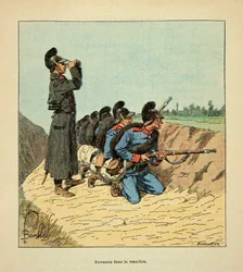 The Armee of the Loire af Eugene Sergeant, kendt som Grenest, illustreret af Louis Bombled (1862-1927) (den fransk-tyske krig; kampagne 1870 -1871): Bayersk militær i en skyttegrav i 1870, privat samling