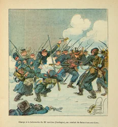 The Armee of the Loire af Eugene Sergeant, kendt som Grenest, illustreret af Louis Bombled (1862-1927) (den fransk-tyske krig; kampagne 1870 -1871): angreb til baionetten af den 22. mobil (Dordogne) i slaget ved Saint Jean sur Evre i januar 1871, P