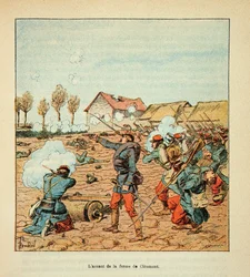 The Armee of the Loire af Eugene Sergent, dit Grenest, illustreret af Louis Bombled (1862-1927) (fransk-tyske krig; kampagne 1870 -1871): Slaget ved Coulmiers den 9. november 1870, franskmændenes angreb ved Cleomont Gård, Privat Samling
