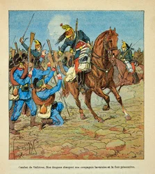 The Armee of the Loire af Eugene Sergent, kendt som Grenest, illustreret af Louis Bombled (1862-1927) (den fransk-tyske krig; kampagne 1870 -1871): Slaget ved Vallieres i november 1870 angreb franske drager et bayersk kompagni og laver it-fange, menig C
