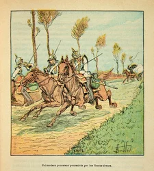 The Armee of the Loire af Eugene Sergent, kendt som Grenest, illustreret af Louis Bombled (1862-1927) (fransk-tyske krig; kampagne 1870 -1871): Preussiske kurassister forfulgt af freicisterne i oktober 1870, privat samling