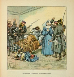 The Armee of the Loire af Eugene Sergent, kendt som Grenest, illustreret af Louis Bombled (1862-1927) (fransk-tyske krig; kampagne 1870 -1871): Preussere ved ambulancen på Boulevard Negrier au Mans i januar 1871, privat samling