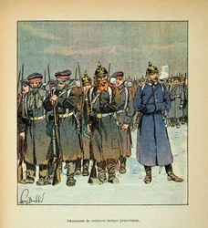 Armeen af Loire af Eugene Sergent, kendt som Grenest, illustreret af Louis Bombled (1862-1927) (Franco-German War; Kampagne fra 1870 -1871): Denuation af nogle prøyssiske tropper i 1870, privat samling