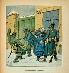 The Armee of the Loire af Eugene Sergent, kendt som Grenest, illustreret af Louis Bombled (1862-1927) (fransk-tyske krig; kampagne 1870-1871): I Beaugency forsvarer indbyggerne sig mod de preussiske brutaliteter i december 1870, menig Collec