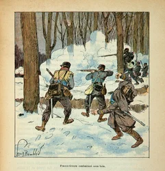 The Armee of the Loire af Eugene Sergent, kendt som Grenest, illustreret af Louis Bombled (1862-1927) (den fransk-tyske krig; kampagne 1870 -1871): Francs-skytter Fransk jager under træ, privat samling